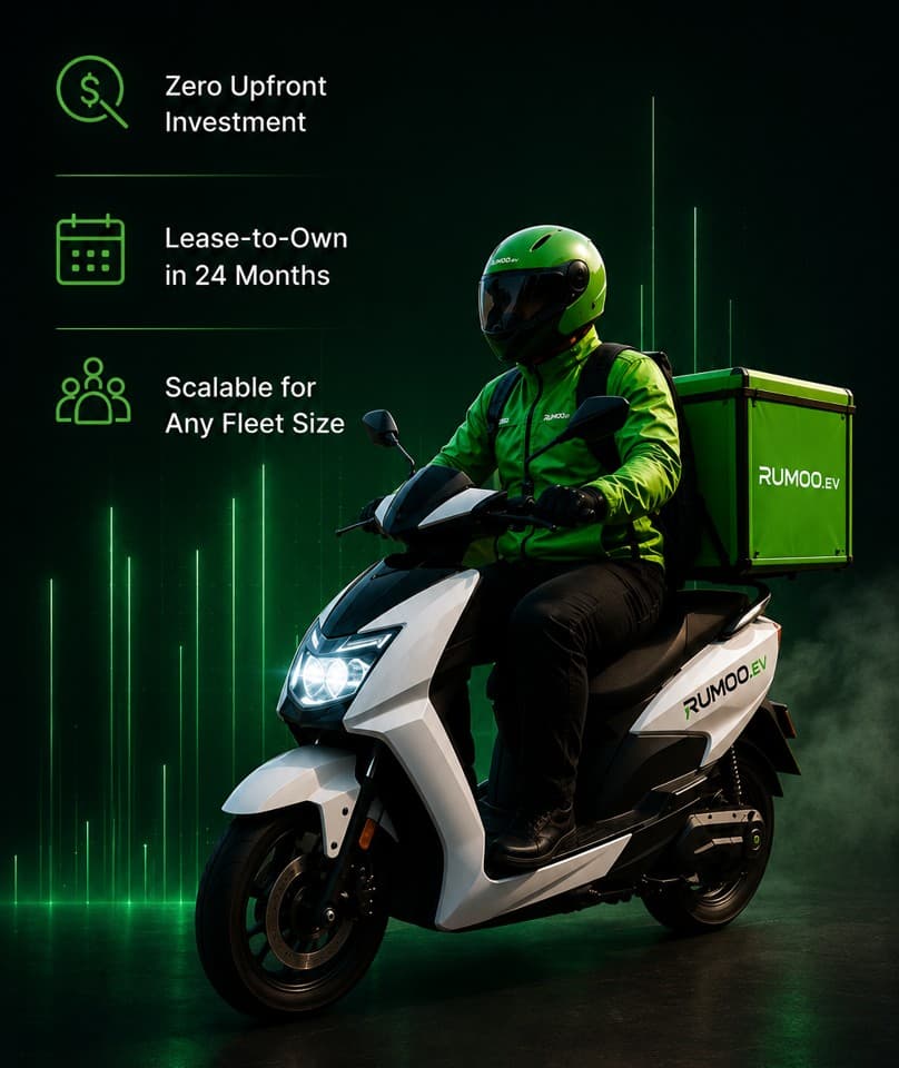 Rumoo delivery rider on an electric scooter with a RumooEV delivery box